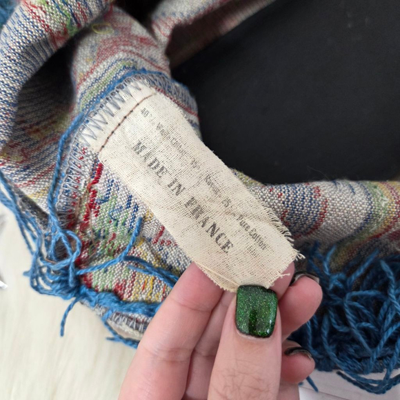 Vintage 60s 70s Carpet Bag blue tapestry kilim large foldover fringe French - Picture 12 of 14